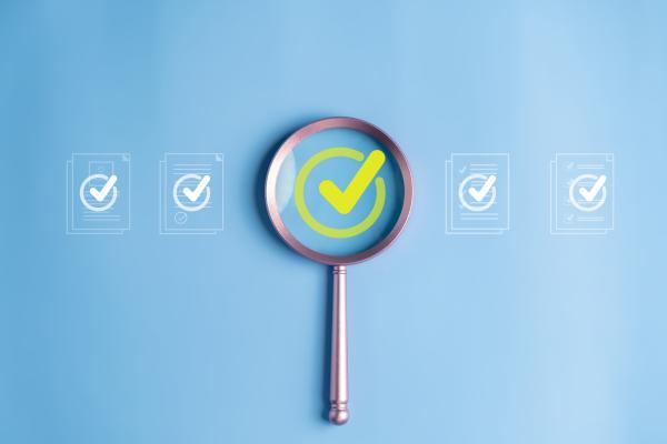 Magnifying glass with green tick inside on a pale blue background