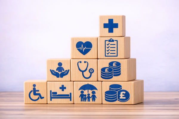 wooden building blocks with healthcare symbols