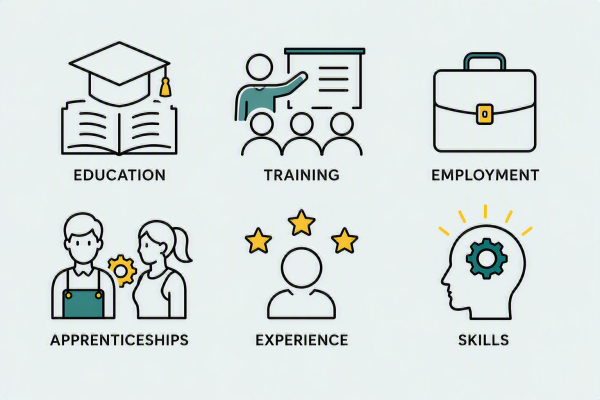 Education, training, employment, apprenticeships, experience, skills