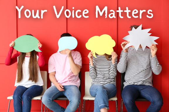 Your voice matters - four people holding up speech bubbles